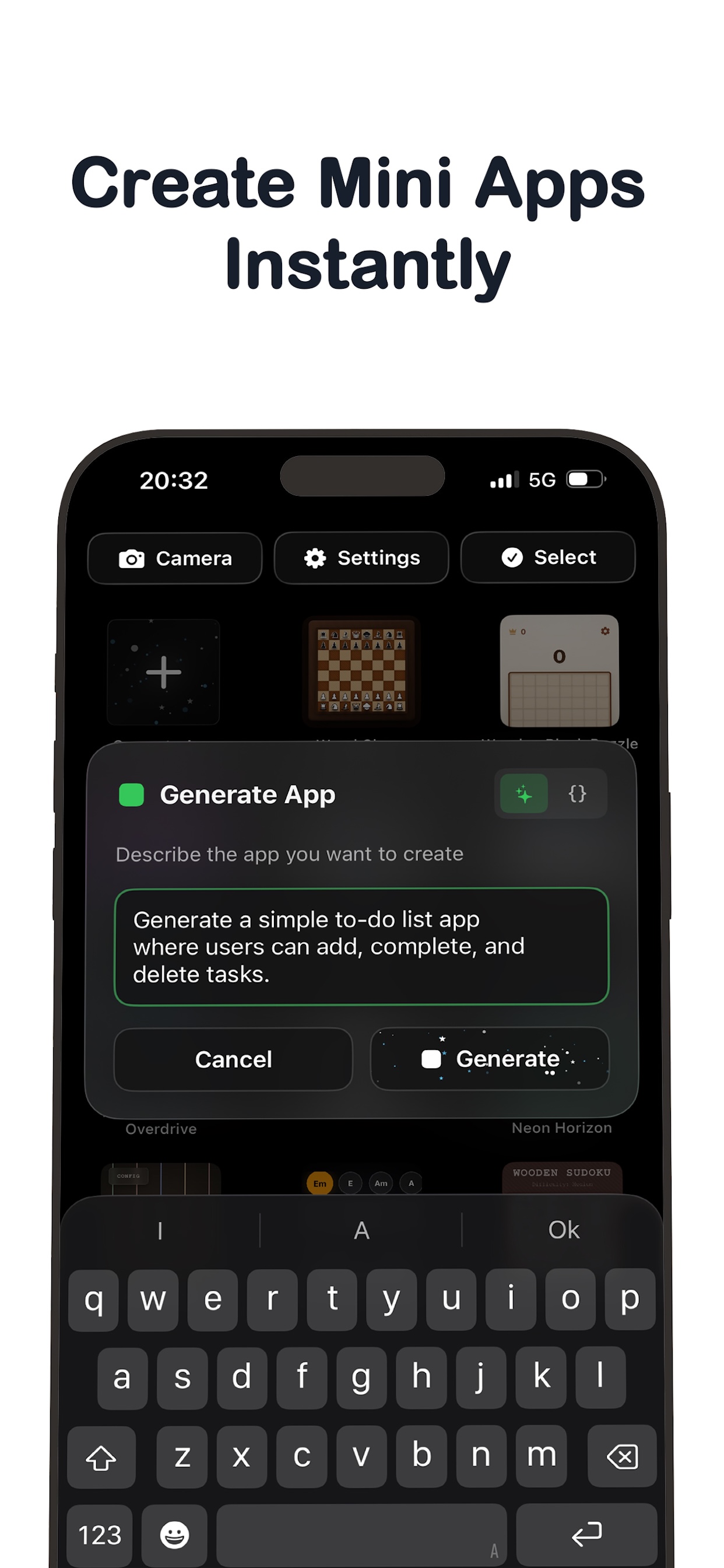 Madcam generating a mini app from a prompt
